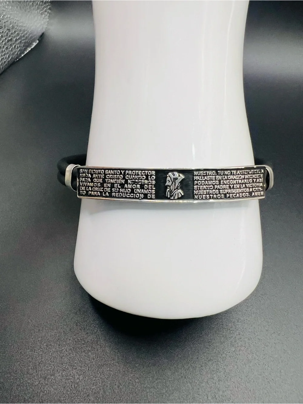 Black rubber and Sterling Silver Saint Benedict Prayer Cuff Bracelet